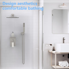 Rain Shower System With Storage Rack, 10-inch Shower Faucet Set, Brushed Nickel Finish, High-pressure Square Shower Head, Luxury Wall-mounted Shower Set.