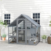 Wooden Catio Outdoor Cat Enclosure with Waterproof Cover, 2 Condos, 4 Platforms, Bridge, Doors, Gray