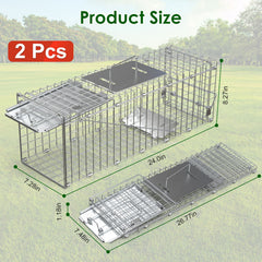 2Pcs 24X7.48X8.27IN Folding Humane Live Animal Trap Cages Easy To Catch And Release Foldable Cat Trap Galvanized Steel For Small Cats Squirrels Rabbits Hedgehog Chipmunk