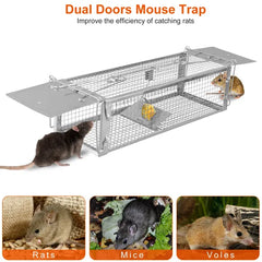 Dual Door Rat Trap Cage Humane Live Rodent Dense Mesh Trap Cage Zinc Electroplating Mice Mouse Control Bait Catch With 2 Detachable U Shaped Rod
