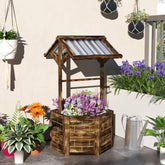 Wooden Wishing Well Planter, Raised Garden Bed With Galvanized Canopy-Tan