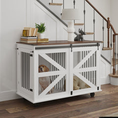 47.2 Mobile Dog Crate With Flip-Top Feeding Door, Dual-Access & 5 Caster System 2 Locking, Side Hooks - Multi-Functional Pet Kennel,double Dog Crate Furniture