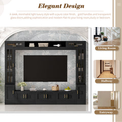 VIBE HAUS 98.4 W Wall Unit Entertainment Center With Bookshelves For TVs Up To 80, Modern TV Stand Media Console With Cabinets, Tempered Glass Doors And Adjustable Shelves For Living Room
