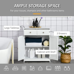 Freestanding Bathroom Floor Cabinet, Wooden Bathroom Cabinet with 2 Doors, 2 Drawers and Adjustable Shelf, White