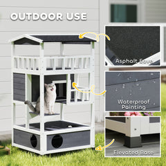 Wooden Outdoor Cat House, Feral Cat Shelter Kitten Condo with Asphalt Roof, Escape Doors, Condo, Jumping Platform, Gray
