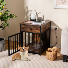 Black+Brown 2-in-1 Dog Crate End Table With Charging Station, Chew-Resistant Metal Tube Pet Furniture For Small Dogs Under 25 Lbs