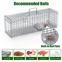 Live Animal Trap Cage 27x7.5x8in Folding Catch And Release Steel Humane Cat Trap For Racoons Stray Cats Rabbits Beavers Hedgehogs Chipmunk Small Animals
