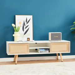 55.12 Rattan TV Cabinet, Double Sliding Doors For Storage, Adjustable Shelf, Solid Wood Legs, TV Console For Living Room , White
