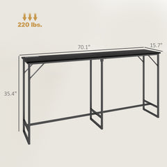 70" Bar Table with Charging Station, Industrial Rectangular Bar Height Pub Table with Steel Frame, Black Wood Grain