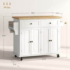 Kitchen Island on Wheels, Rolling Cart with Rubberwood Top, Spice Rack, Towel Rack and Drawers, Cream White