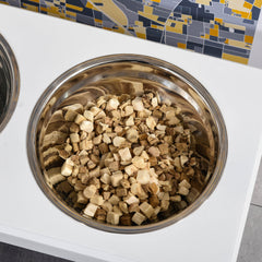 6" Height Small Puppy Dog Feeding Station for Messy Pets, Stainless Steel Elevated Dog Bowls with Modern Wooden Frame, Dog Food Stand Pet Feeding Station, White