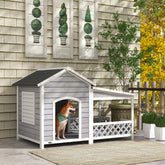 Wooden Dog House Outdoor with Porch, Cabin Style Raised Dog Shelter with Asphalt Roof, Doors, and Shutter Window, for Medium Large Sized Dog, Light Gray