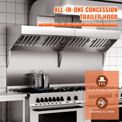 Commercial Exhaust Hood, 4FT Food Truck Hood Exhaust, 201 Stainless Steel Concession Trailer Hood With 2 Detachable U-shaped Grid Oil Filter Mesh, Rust Resistant Vent Hood For Kitchen Restaurant