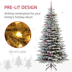 7.5ft Snow Flocked Artificial Christmas Tree, Pre-Lit Christmas Tree with 500 LED Lights and 1264 Branch Tips, Green