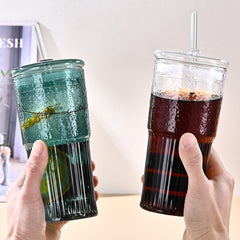 20 Oz 2-pack Green Glass Straw Cup With Vertical Pattern Cup And Lid, High Borosilicate Heat-resistant Glass Cup For Juice, Milk And Cold Drinks