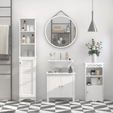 Tall Bathroom Storage Cabinet/Freestanding Linen Tower with 3-Tier Open Adjustable Shelf and Cupboard, White