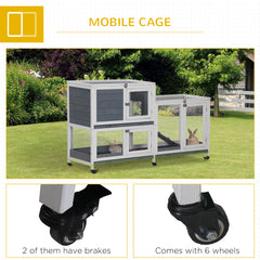 Wooden Rabbit Hutch Bunny Hutch Elevated Pet House Cage Small Animal Habitat with No Leak Tray Lockable Door Openable Top for Rabbits, Chickens, Ducks, Indoor 57.75" x 18" x 32.5" Gray