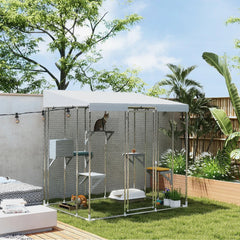 Galvanized Steel Large Catio With Waterproof Canopy, Sleeping Box, Jumping Platforms, For 1-3 Kittens, Silver