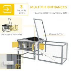 Large Rabbit Cage Outdoor 61"L Guinea Pig Hutch w/ Run Feeding Trough Removable Tray Ramp Asphalt Roof, White