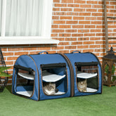Portable Twin Compartment Show House Cat Cage 39 Soft-Sided Pet Kennel With Soft Cushions Storage Bag Blue