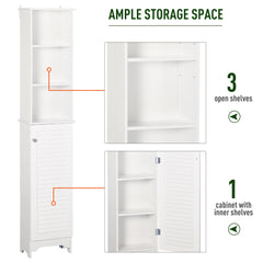 Tall Bathroom Storage Cabinet/Freestanding Linen Tower with 3-Tier Open Adjustable Shelf and Cupboard, White