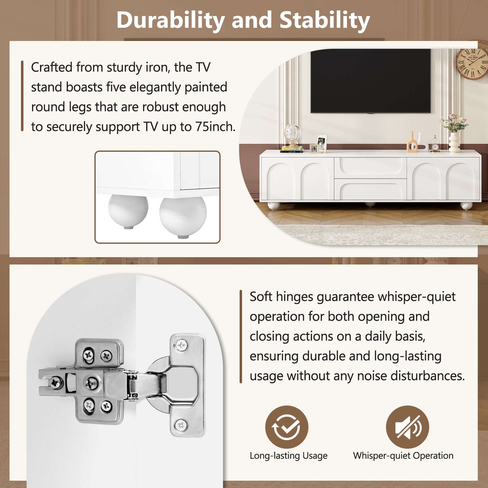 ON-TREND Cream Style TV Stand With Arched Doors  2 Drawers For TVs Up To 75, Minimalist Media Console With Rebound Device, Entertainment Center With 5 Iron Round Legs For Living Room, Bedroom, White