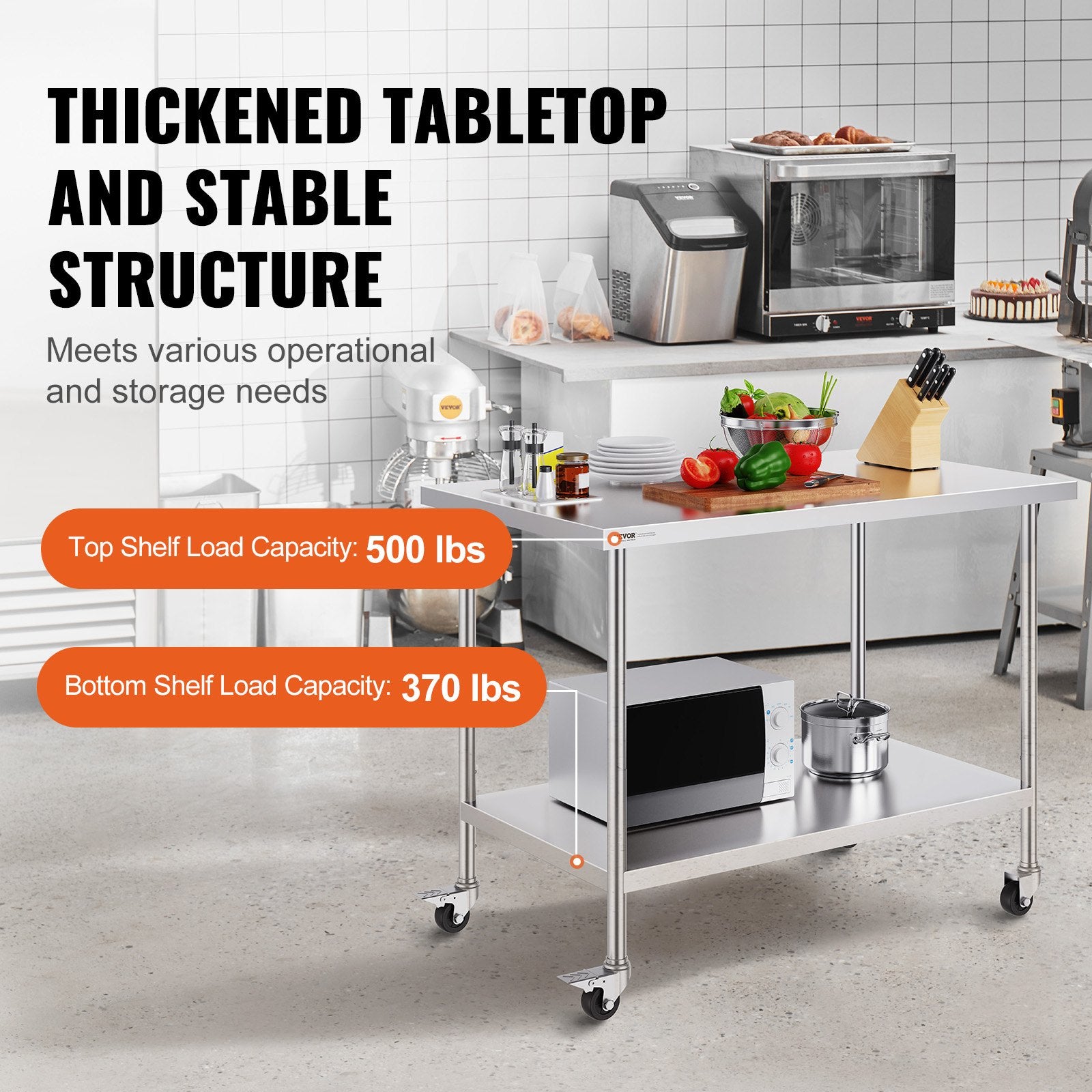 Stainless Steel Work Table 30 X 48 X 38 Inch, With 4 Wheels, 3 Adjustable Height Levels, Heavy Duty Food Prep Worktable For Commercial Kitchen Restaurant, Silver
