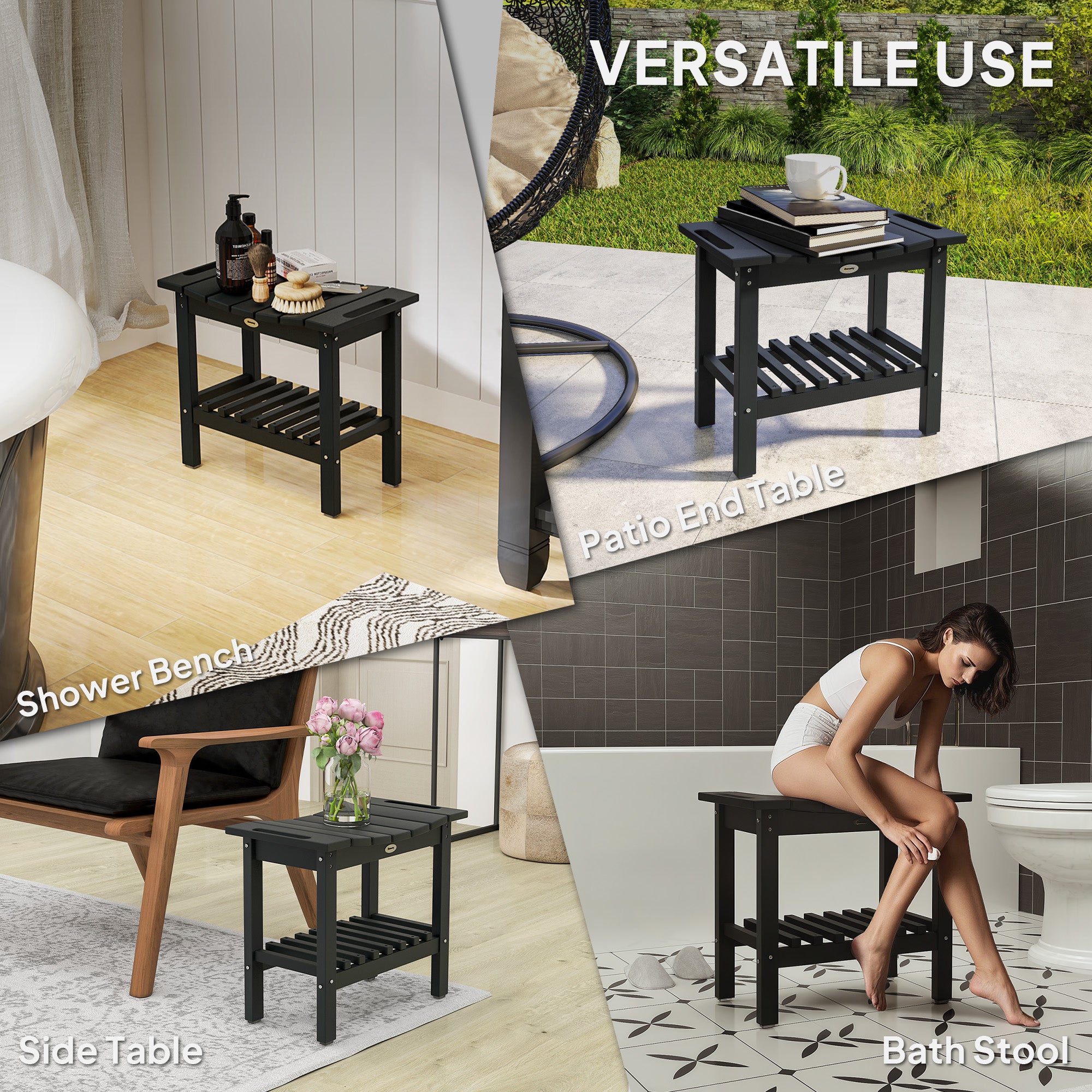 HDPE Shower Bench, Waterproof Shower Stool with Handle, Storage Shelf, Non-Slip Pads for Indoor Outdoor, Black