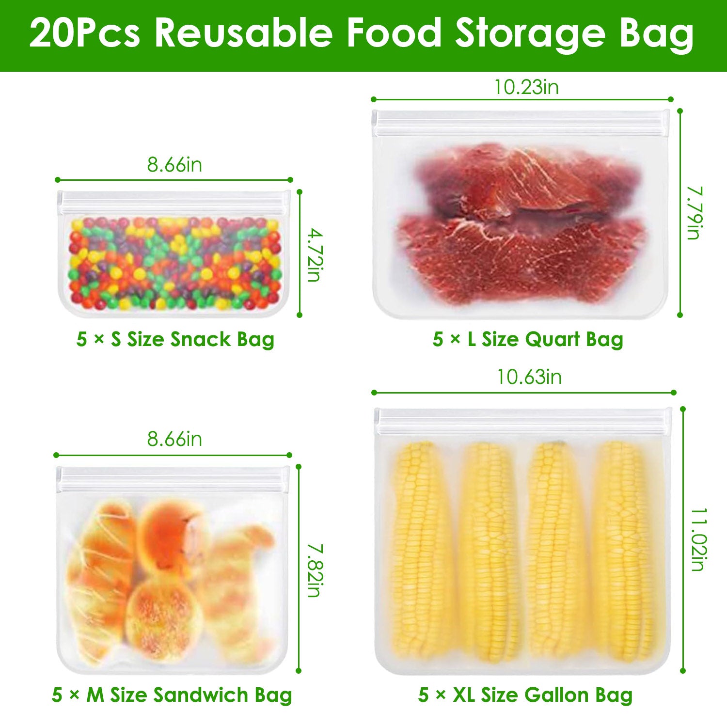20Pcs Reusable Food Storage Bags 5 Sandwich Snack Gallon Quart Bag Leakproof BPA Free Food Container Freezer Safe Lunch Bag