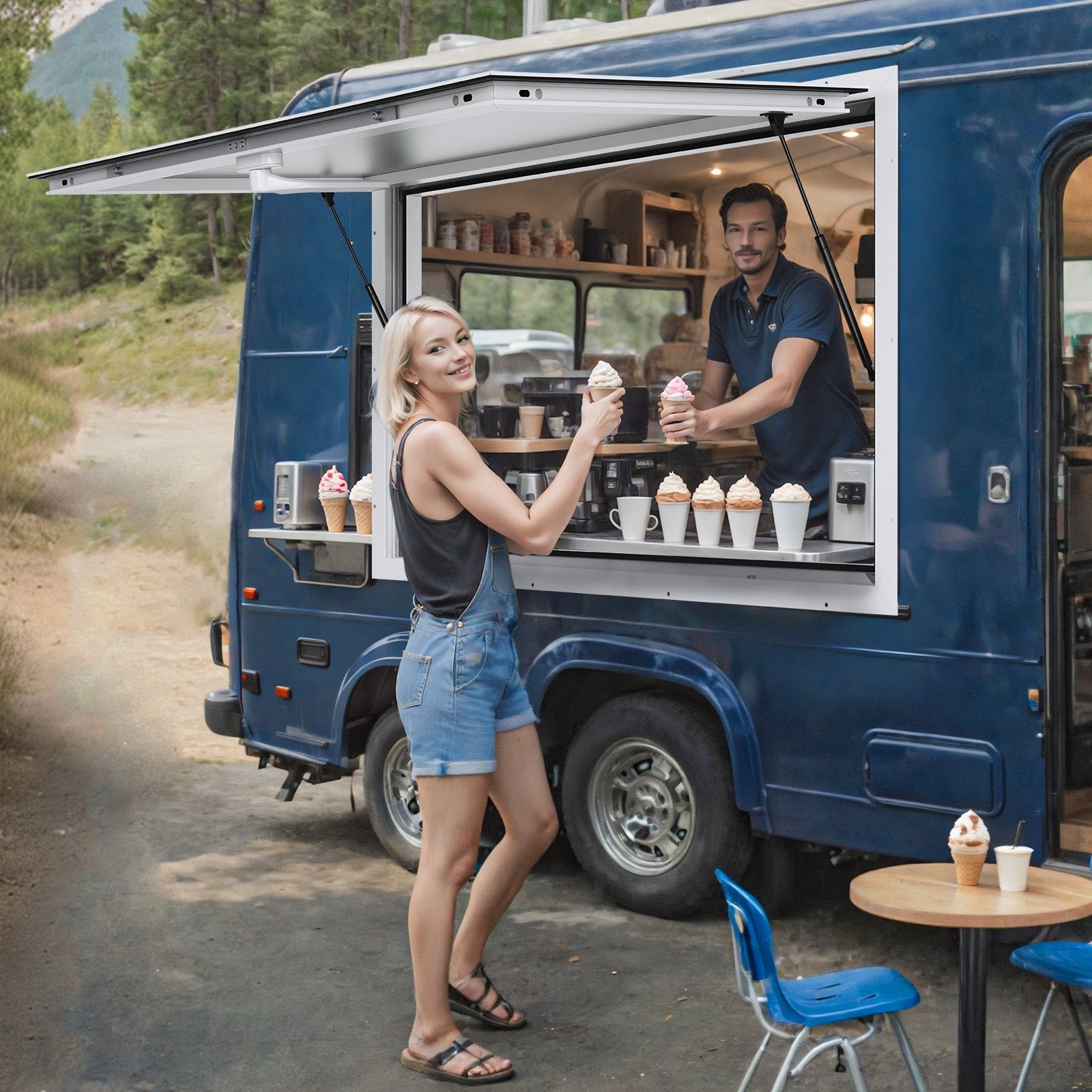 Concession Window 48"x36", Aluminum Alloy Food Truck Service Window With Awning Door & Drag Hook, Up To 85 Degrees Stand Serving Window For Food Trucks Concession Trailers, Glass Not Included