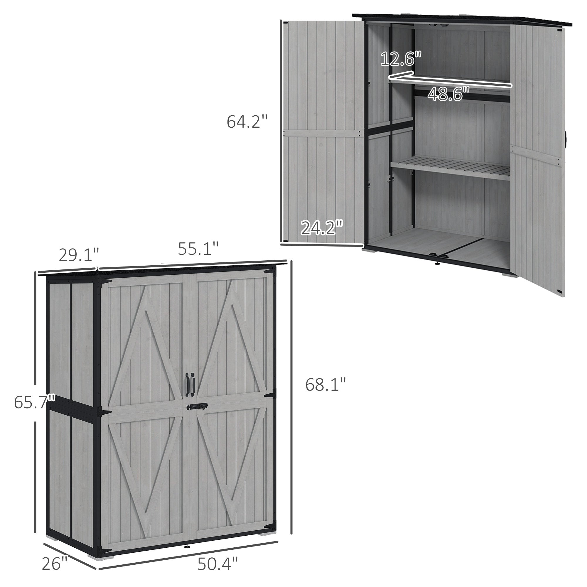 Wood Storage Shed, Outdoor Garden Shed With Asphalt Roof, 2 Shelves, Lockable Doors And Adjustable Feet, Gray