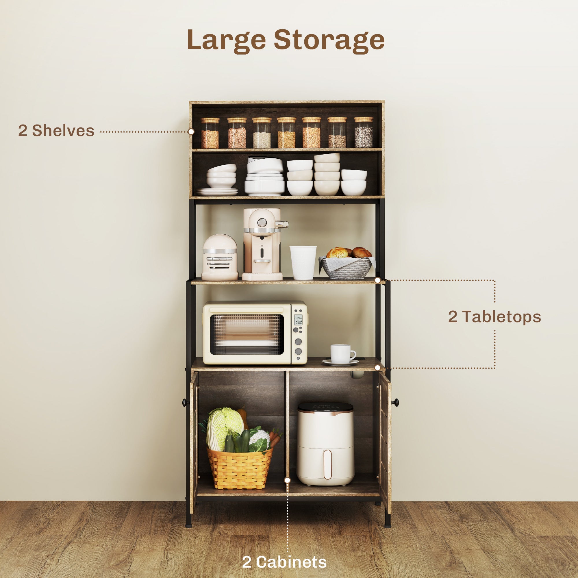 Baker's Rack with Power Outlet and Storage Shelves, Microwave Stand with Louvred Door Cabinets, Gray Wood Grain