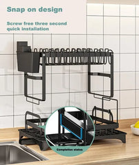 Multifunctional Dish Rack, Rustproof Kitchen Dish Drying Rack With Drainboard, Space-Saving 2-Tier Dish Drying Rack With A Large Capacity For Kitchen Counter Black