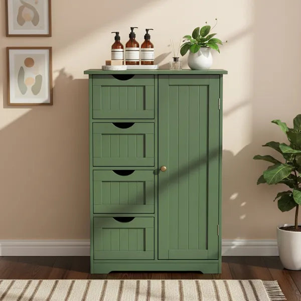 Forest Green, MDF With Paint And Melamine Veneer, Vertical Stripes, 56*30*82.5cm, 4 Drawers, 1 Door, Bathroom Vanity