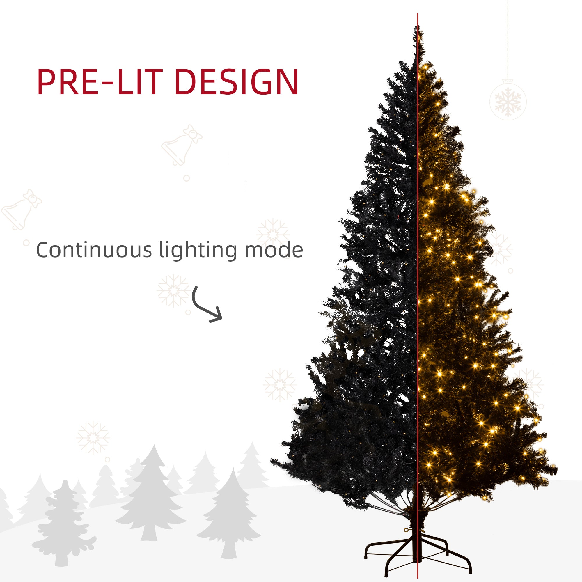 HOMCOM 7.5' Tall Prelit Christmas Tree Douglas Fir Artificial Christmas Tree With Realistic Branches, 500 Warm White LED Lights And 1346 Tips, Black