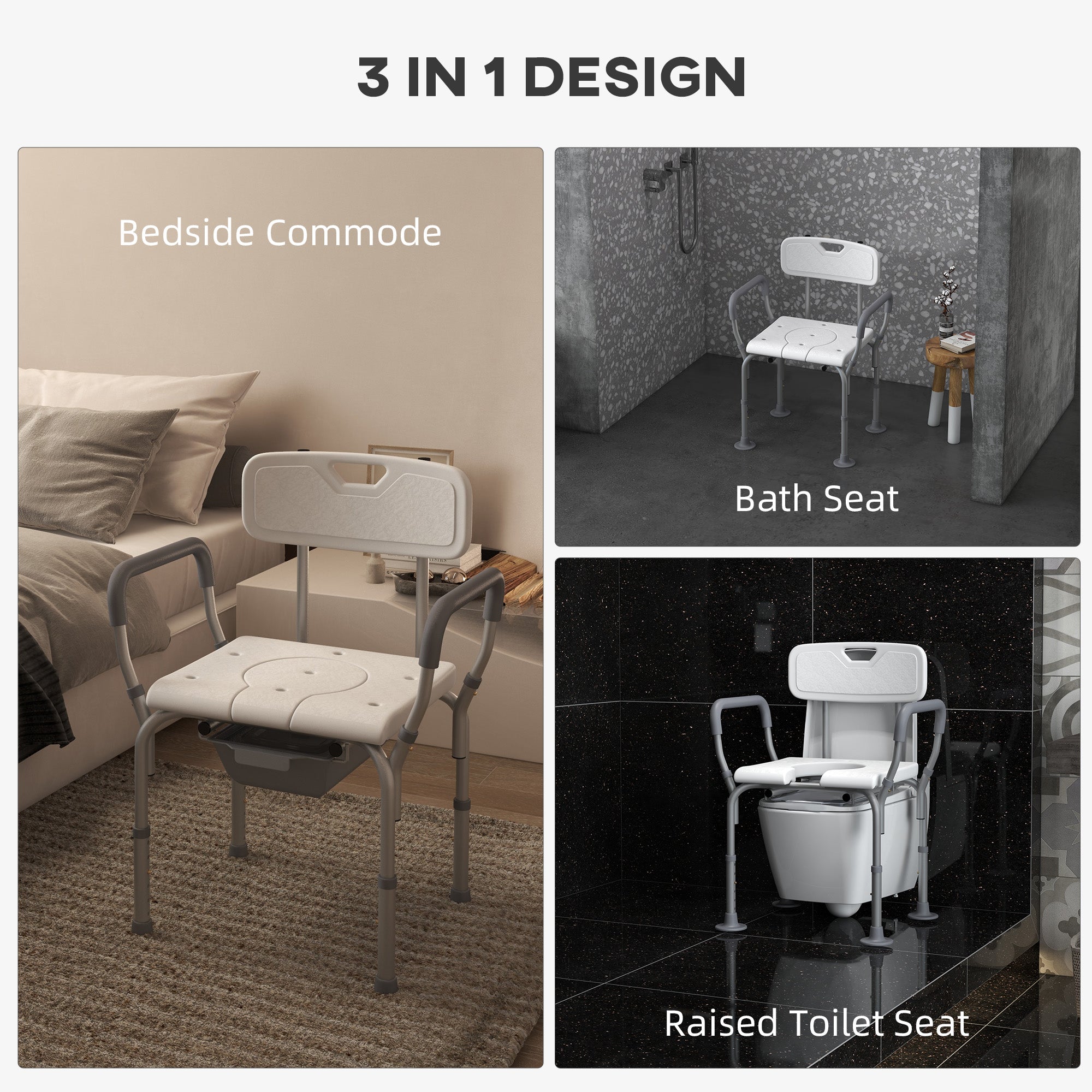 3-in-1 Shower Chair with Back and Arms, Height Adjustable Bedside Commode, Raised Toilet Seat with Non-Slip Rubber Foot Pad for Seniors, Disabled, White