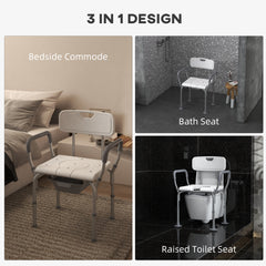3-in-1 Shower Chair with Back and Arms, Height Adjustable Bedside Commode, Raised Toilet Seat with Non-Slip Rubber Foot Pad for Seniors, Disabled, White