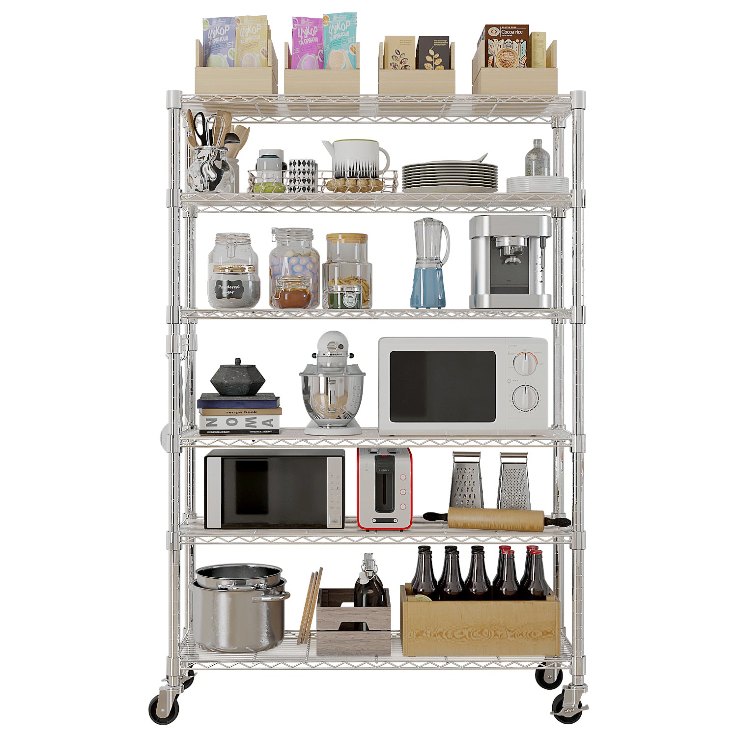 6-Tier Modular Shelving Unit With 1 Row Of Side Hooks Features Adjustable Feet And Casters Iron Construction Freely Adjustable Shelf Spacing Home Shelving Unit 117x45x208cm Silver Paint Finish