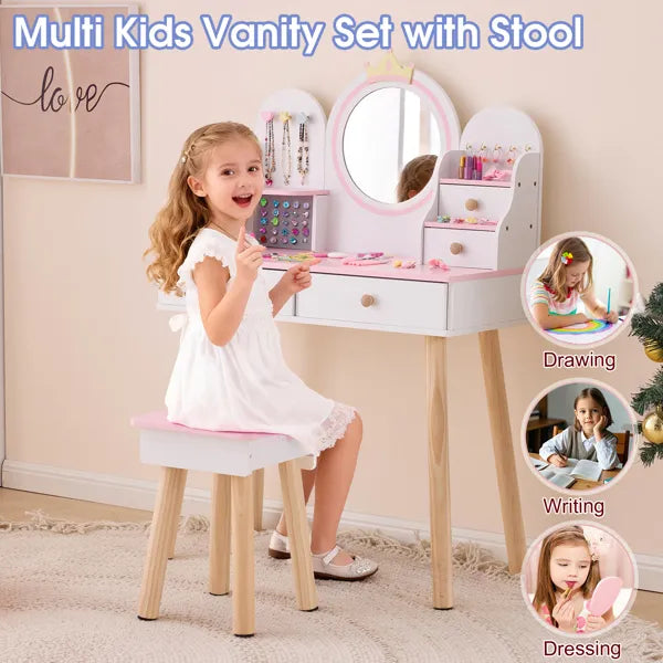 White And Pink Crown Element, MDF + Particleboard + Solid Wood Legs, Painted And Melamine Laminated, 4-drawer Children's Dressing Table Set