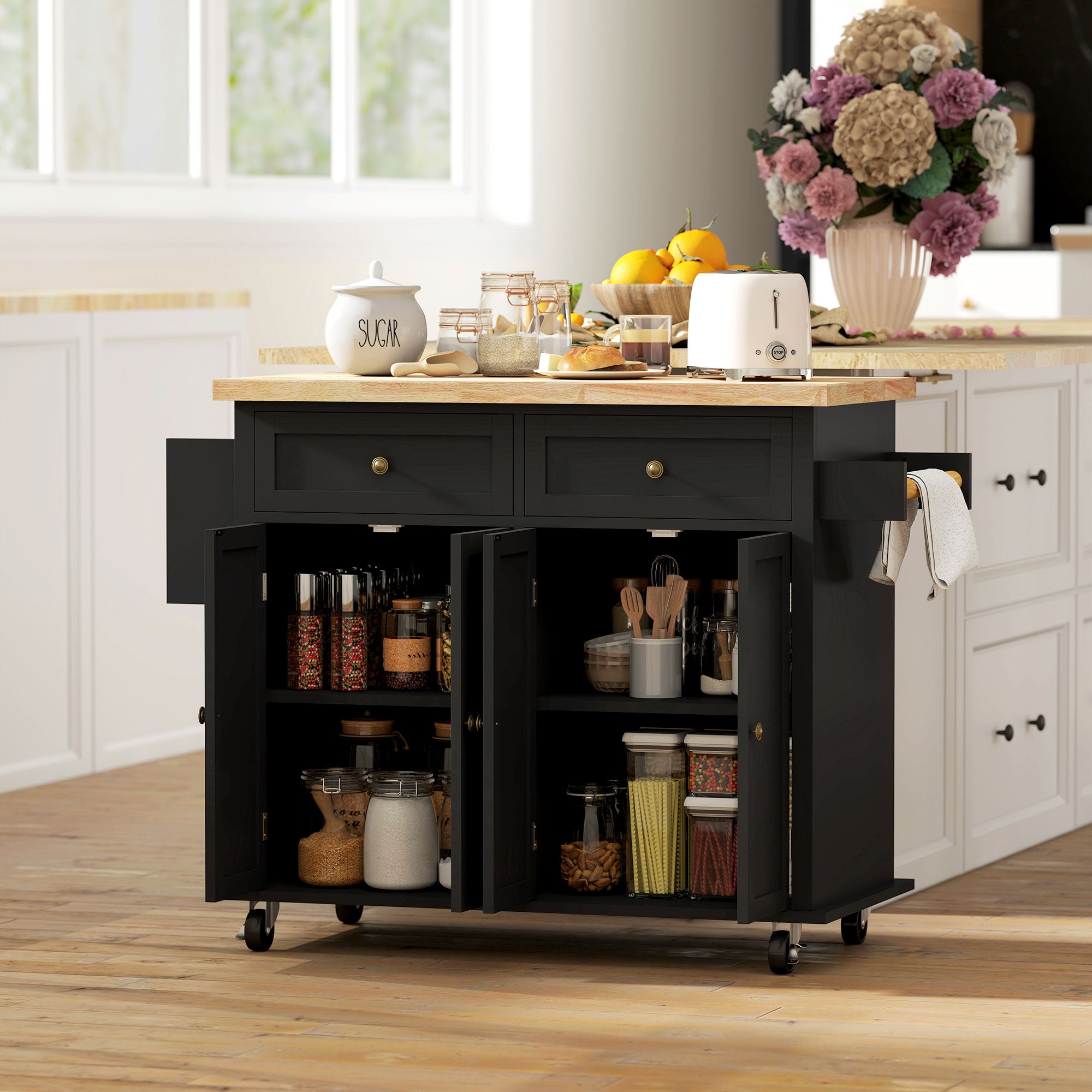 Kitchen Island Cart with Rubber Wood Top, Rolling Kitchen Island Table on Wheels with Drawers, Adjustable Shelves, Spice Rack and Towel Rack for Dining Room, Black