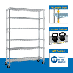 6-Tier Modular Shelving Unit With 1 Row Of Side Hooks Features Adjustable Feet And Casters Iron Construction Freely Adjustable Shelf Spacing Home Shelving Unit 117x45x208cm Silver Paint Finish
