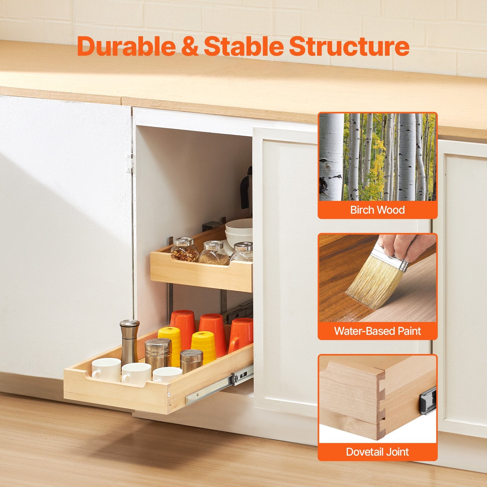2 Tier Pull Out Cabinet Organizer Soft Close Slide Out Wood Drawer 14'W X 21'D