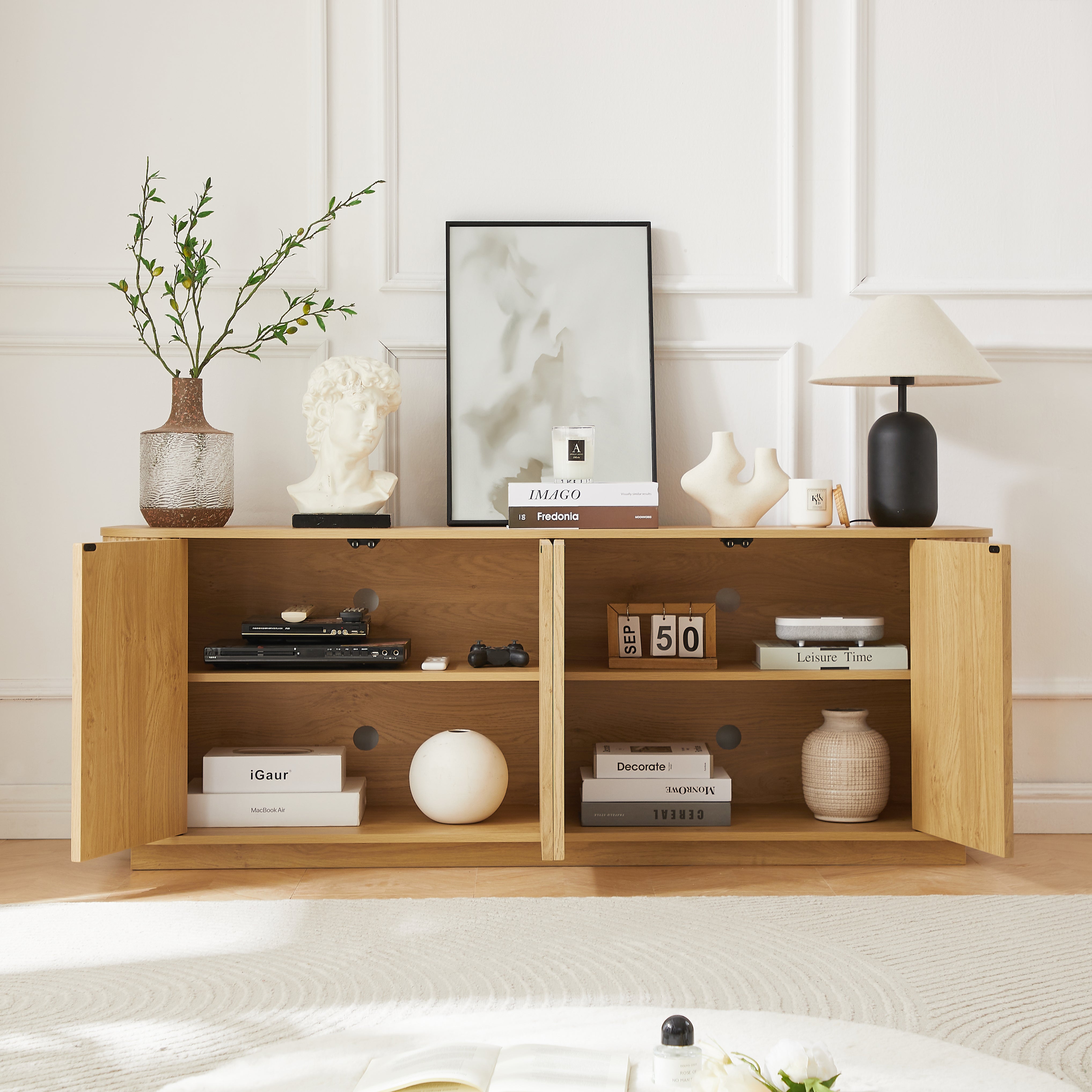Sideboard Storage Cabinet TV Stand With Wave Pattern Buffet Cabinet Wooden Vertical Striped Cabinet For Kitchen Bedroom Entryway. Natural, 64W X 15D X 24H.