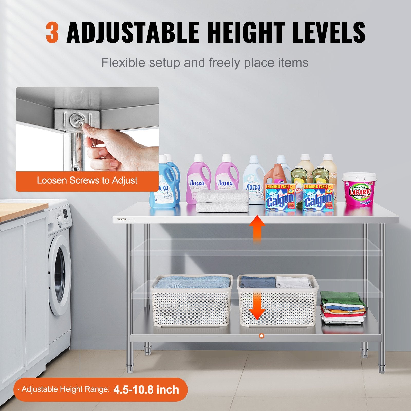 Stainless Steel Prep Table, 24 X 60 X 34 Inch, Heavy Duty Metal Worktable With 3 Adjustable Height Levels, Commercial Workstation For Kitchen Garage Restaurant Backyard