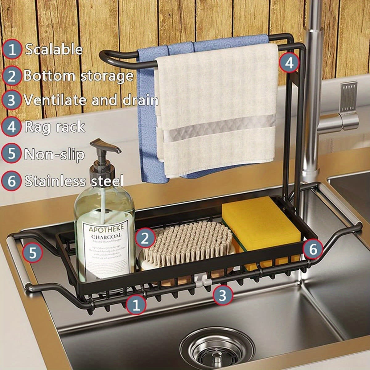 Expandable Kitchen Sink Caddy Organizer, Stainless Steel Over Sink Sponge, Bottle, Dishcloth, BrushTowel Holder, Rustproof Non-Slip - Small