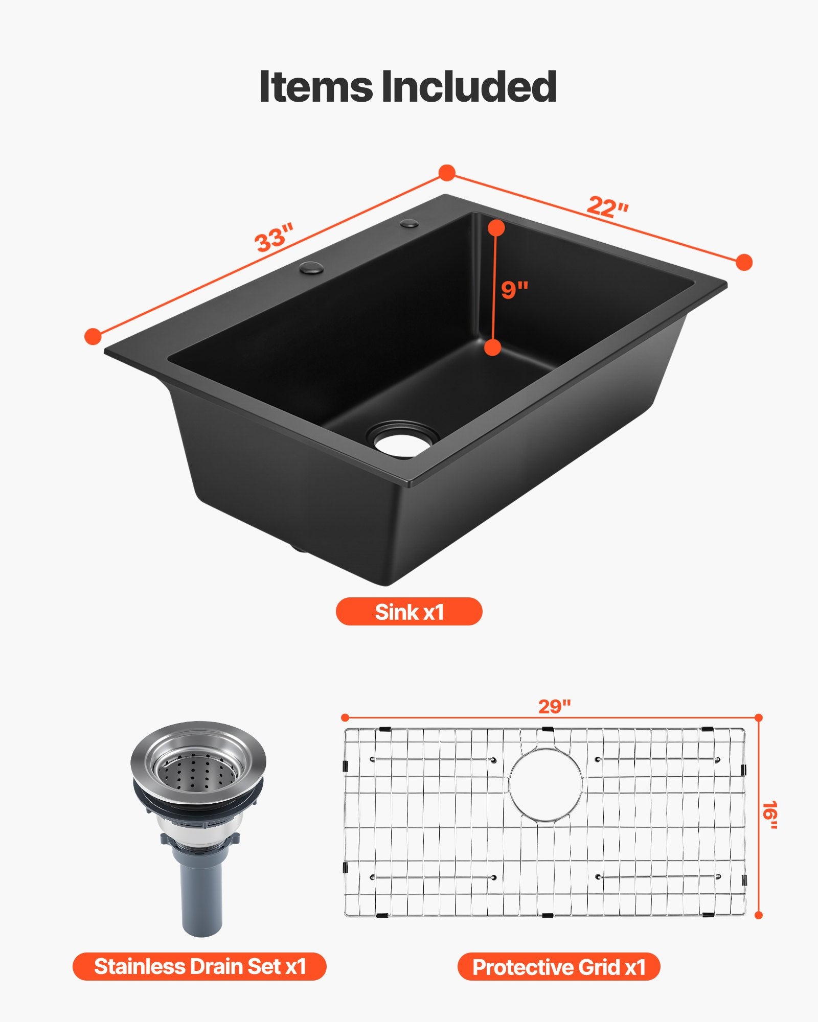 33 Inch Granite Kitchen Sink Top Mount Single Bowl Drop-In Basin For RV Bar