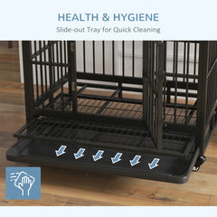 Heavy Duty Dog Crate Metal Cage Kennel With Lockable Wheels, Double Door And Removable Tray, Gray