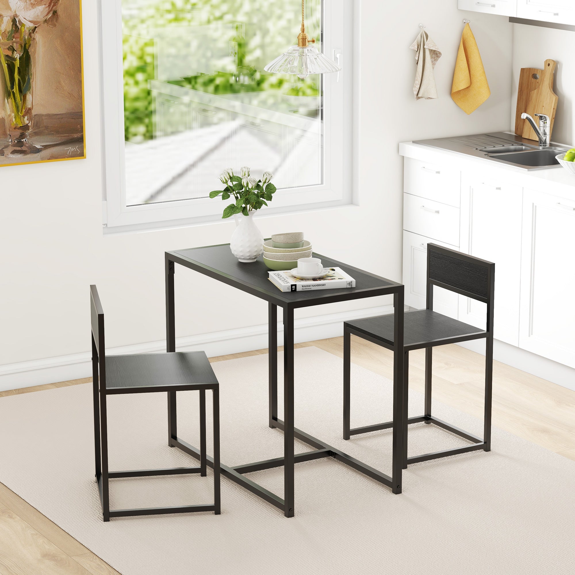 3-Piece Dining Room Set, Industrial Kitchen Table Set with Rectangular Table and 2 Dining Chairs, Black