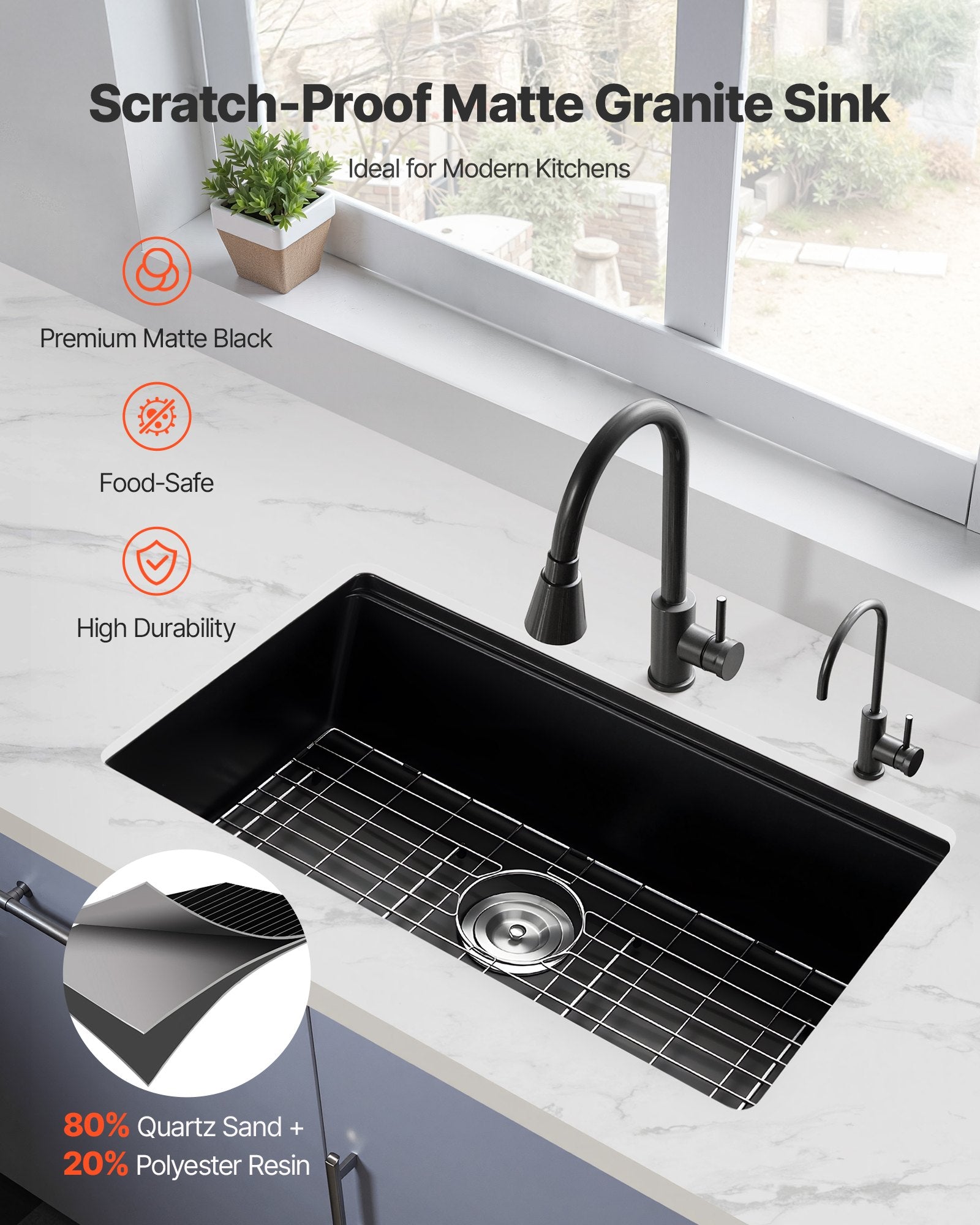 30 Inch Granite Kitchen Sink Undermount Single Bowl Drop-In Basin For RV Bar