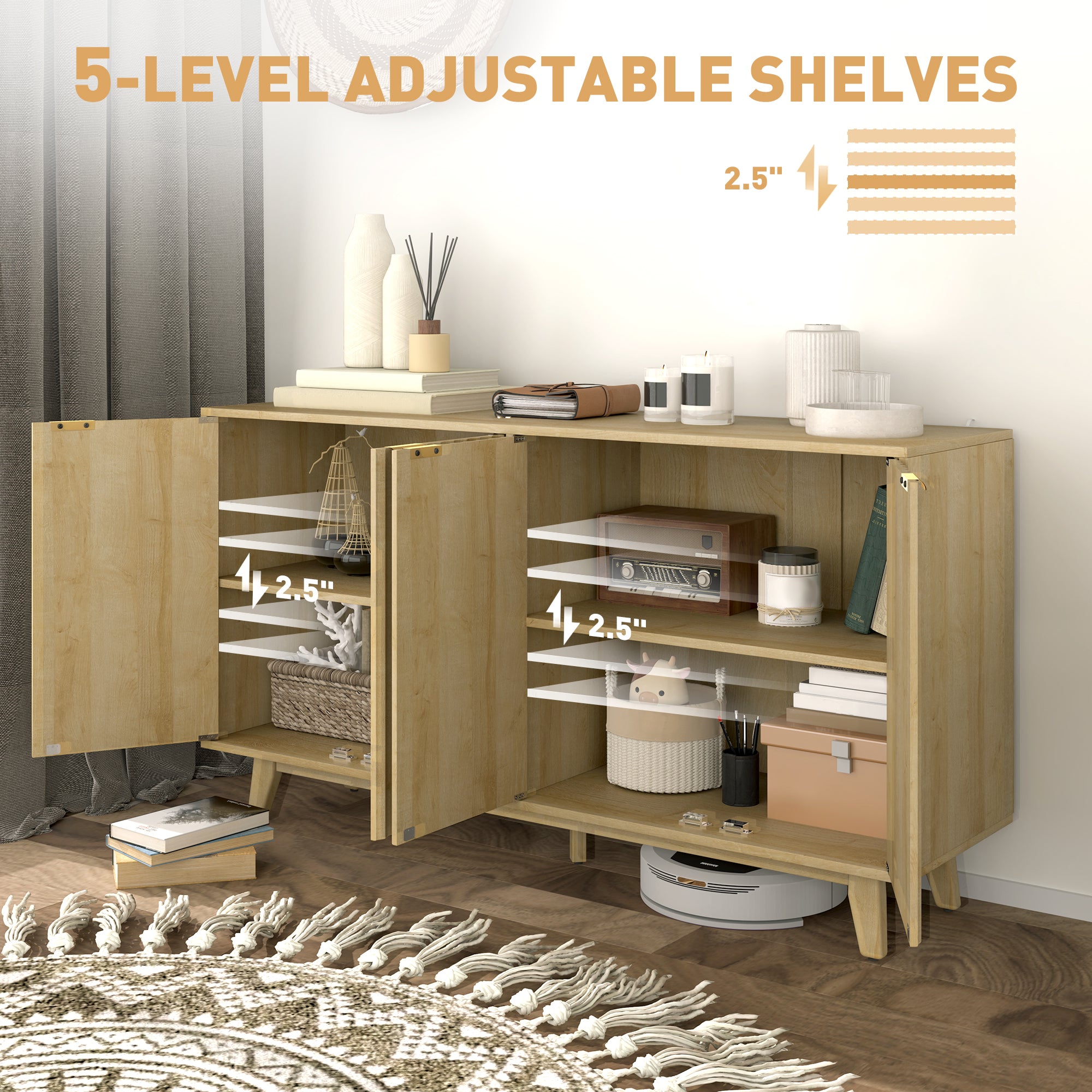 Fluted Sideboard Buffet Cabinet, 55" Coffee Bar Cabinet with 4 Doors, 2 Adjustable Shelves, 5 Wood Legs, Oak